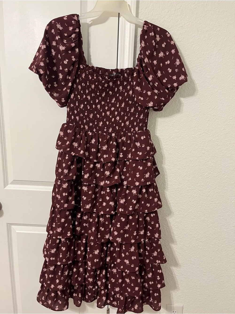 Crystal Doll Burgundy Floral Tiered Ruffle Dress